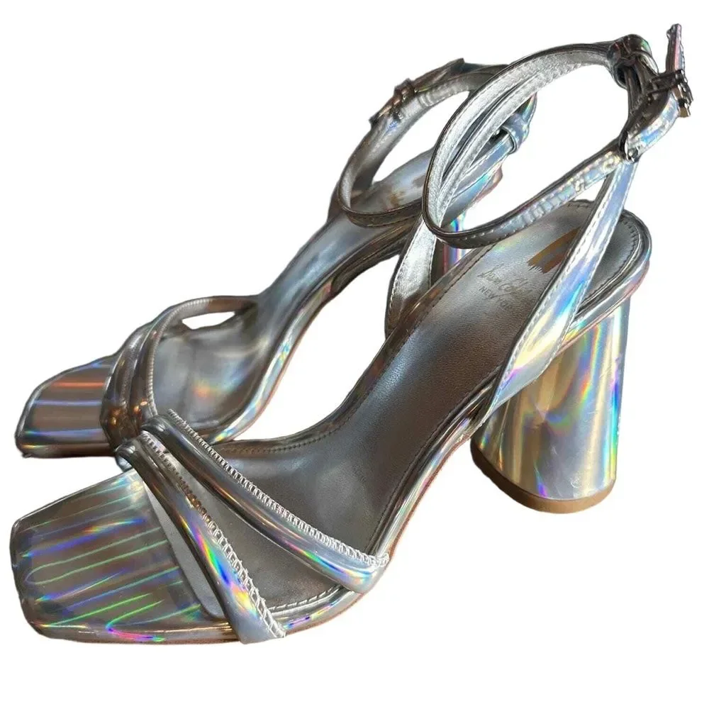 Sam Edelman Strappy Block Heel Sandals 6.5 Wedding Bridal Silver Holographic Kia